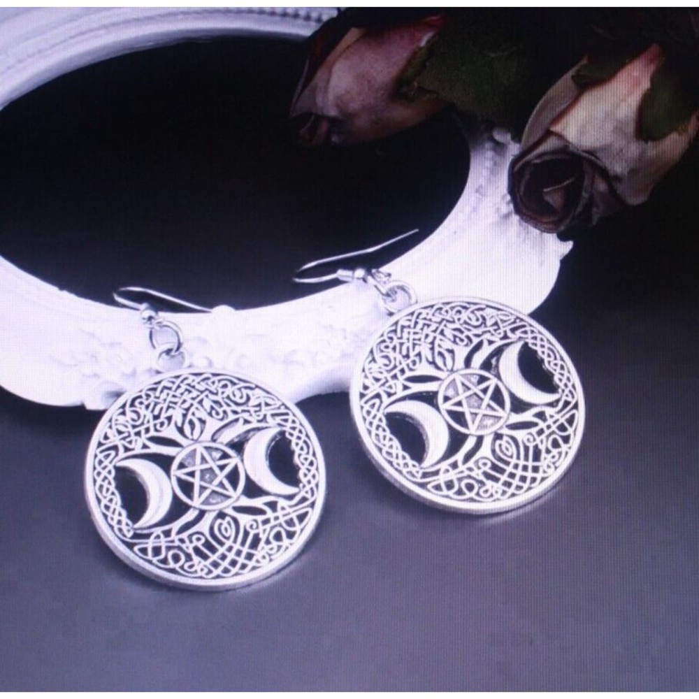 Triple Moon Goddess Wicca Pentagram Magic Amulet Silvertone Earrings Gift NWT